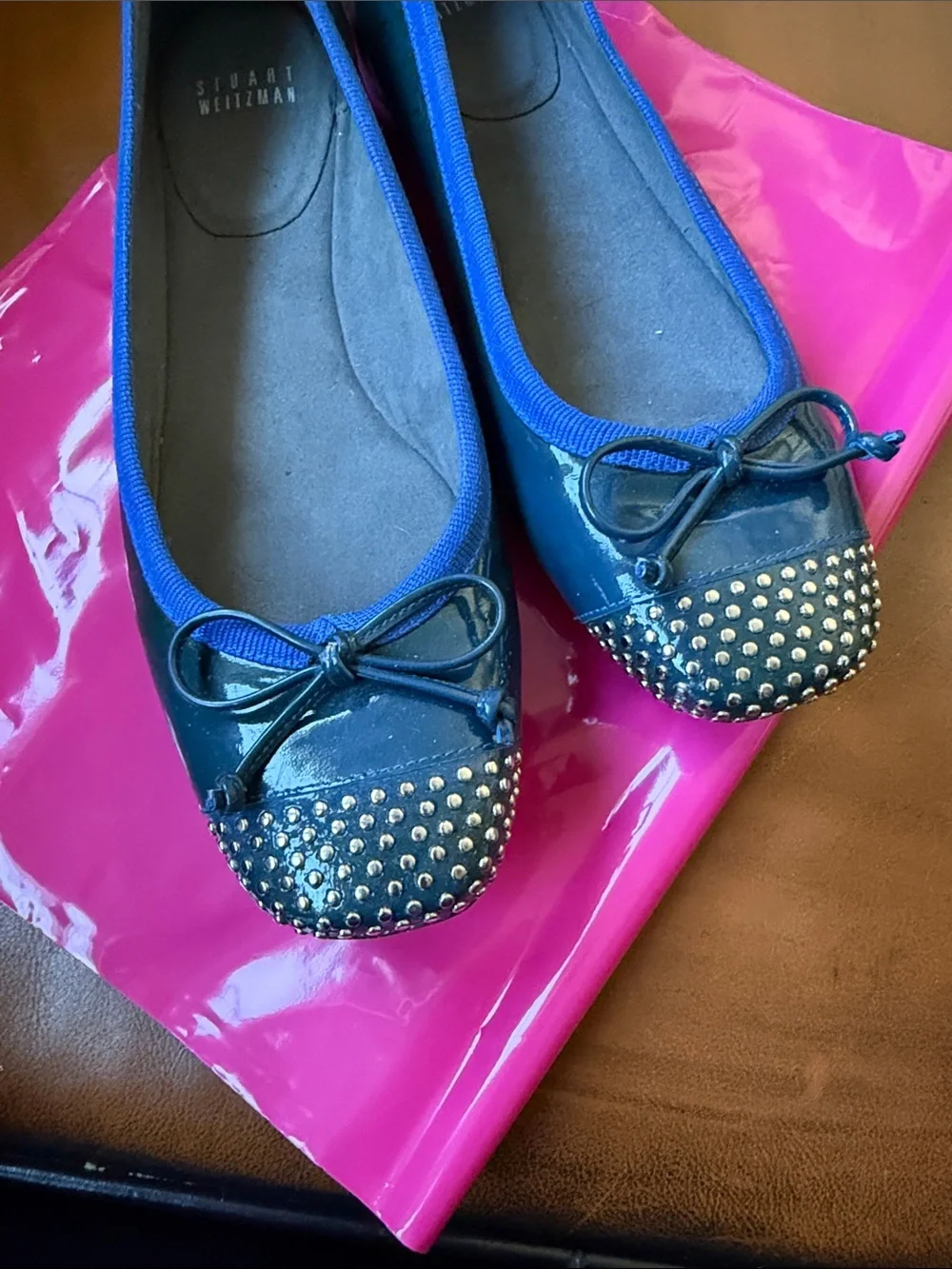 Stuart Weitzman Navy Patent Studded Bow Flats